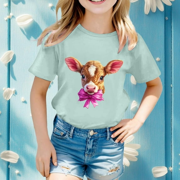 Conairie Easter Shirts For Girls Cow Print Short Sleeve Crew Neck T-Shirt Toddler Cute Comfy Soft Blouses Pullover Outfits Mint Green 10-11 Y