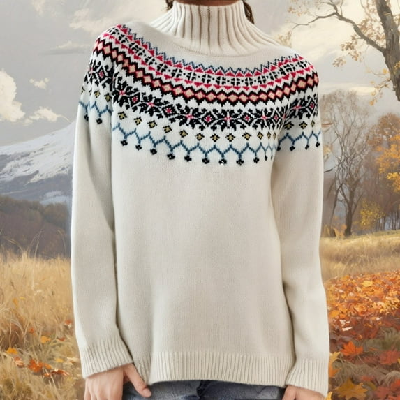 Conairie Fair Isle Sweater for Women Crew Neck Sweater Striped Design Loose Fashion Fall Winter Long Sleeve Pullovers Top Multicolor Beige XXXXXL