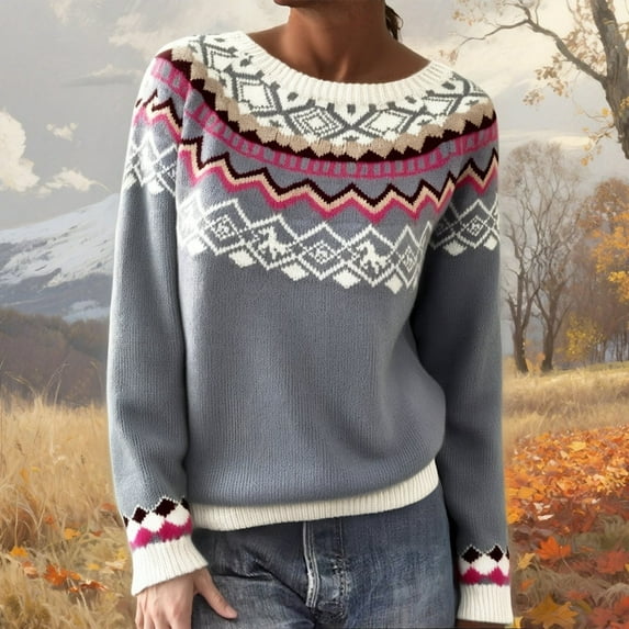 Conairie Fair Isle Sweater for Women Crew Neck Sweater Striped Design Loose Fashion Fall Winter Long Sleeve Pullovers Top Multicolor Grey XXXXL