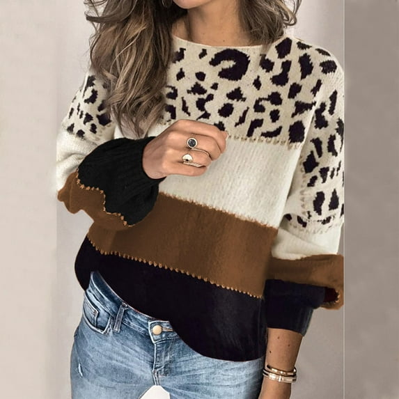 Conairie Fair Isle Sweater for Women Leopard Printed Striped Crewneck Sweater Knitted Fall Winter Long Sleeve Color Block Pullover Top Brown M