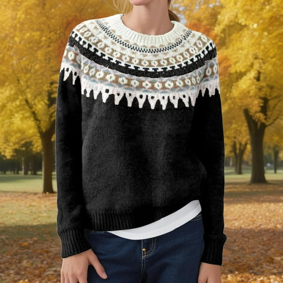 Conairie Fair Isle Sweater for Women Round Neck Sweater Striped Design Loose Fashion Fall Winter Long Sleeve Pullovers Top Multicolor Black Black