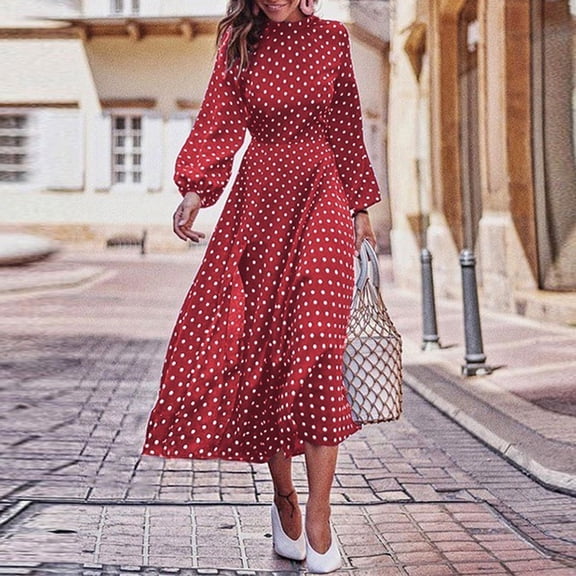 Conairie Flowy Dress for Women Dotted Print Crew Neck Loose Stretch Fashion Long Sleeve A-Line Dress Comfort Spring Fall formal Dresses Red S