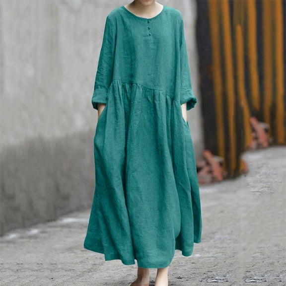 Conairie Flowy Dress for Women Solid Color Crew Neck Loose Stretch Casual Long Sleeve Dress Comfort Wedding Guest Swing Dress Green XXL