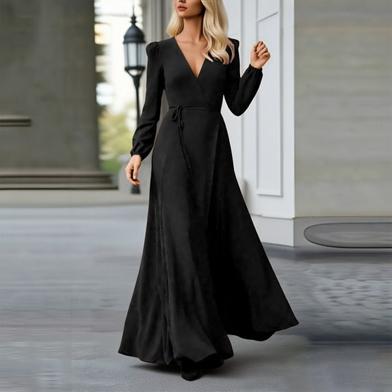 Conairie Flowy Dress for Women Solid Color V Neck Loose Fashion Long Sleeve Dress Soft Lounge Long formal Dresses Black L