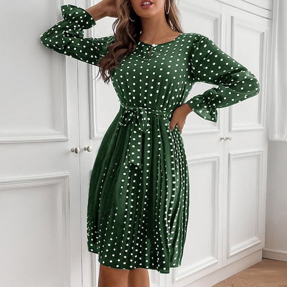 Conairie Flowy Dresses for Women Dotted Print Crew Neck Loose Casual Long Sleeve Dress Lightweight Spring Fall formal Dresses Green L