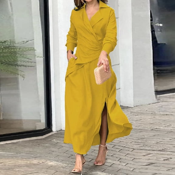 Conairie Flowy Dresses for Women Solid Color V Neck Loose Fashion Long Sleeve Dress Lightweight Soft Lounge Long Swing Dress Yellow M