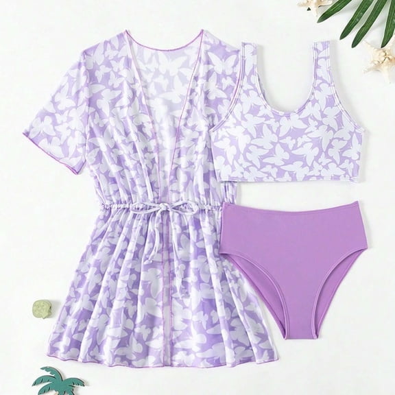 Conairie Girl Bikini Sets 3 Piece Tankini Top And Bottom Swimsuit Outfit Lightweight Bathing Suit Summer Beach Swimwear Purple