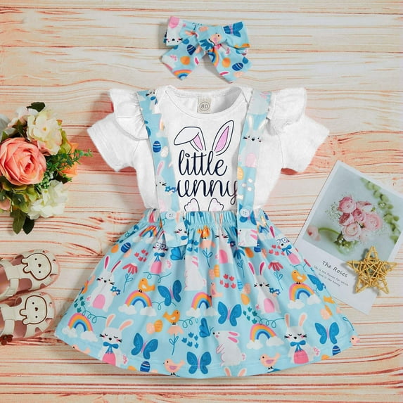 Conairie Girl Easter Outfit 3 Piece Letter Bunny Print Romper Kids Ruffle Short Sleeve Tops and Skirt Dress Headband Set Cute Clothes