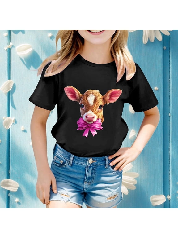 Girl Easter Shirts Cow Print Short Sleeve Crew Neck T Shirts Toddler Cute Comfy Soft Basic Tee Vacation Clothes Black 4-5 Y