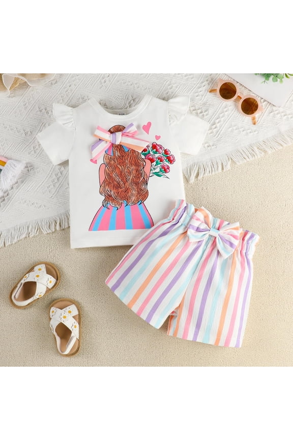 Girl Outfits Set 2 Piece Regular Fit Short Sleeve T Shirt and Shorts Kids Cute Graphic Comfortable Classic Basic Clothe Set with Pocket White 9-12 M