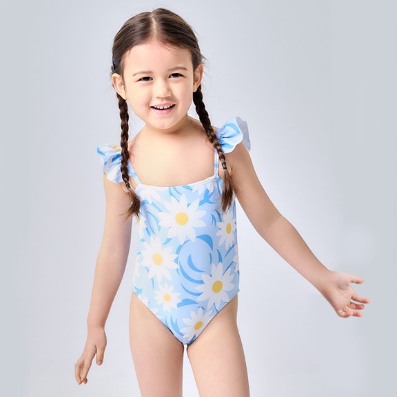 Conairie Girl Swimsuit One Piece Cute Graphics Print Bathing Suit with Sun Protection Ruffles Swimwear Blue
