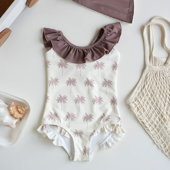 Conairie Girl Swimsuit One Piece Cute Graphics Print Bathing Suit with Sun Protection Ruffles Swimwear Brown