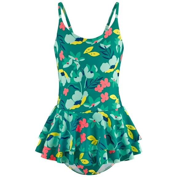 Conairie Girl Swimsuit One Piece Cute Graphics Print Bathing Suit with Sun Protection Ruffles Swimwear Green