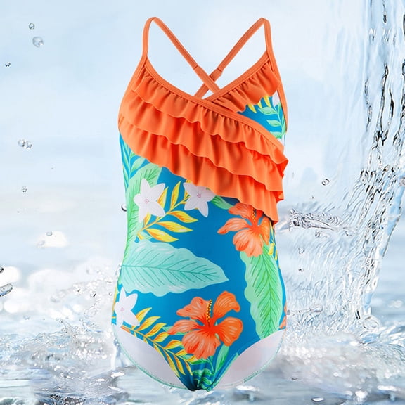 Conairie Girl Swimsuit One Piece Cute Graphics Print Bathing Suit with Sun Protection Ruffles Swimwear Orange