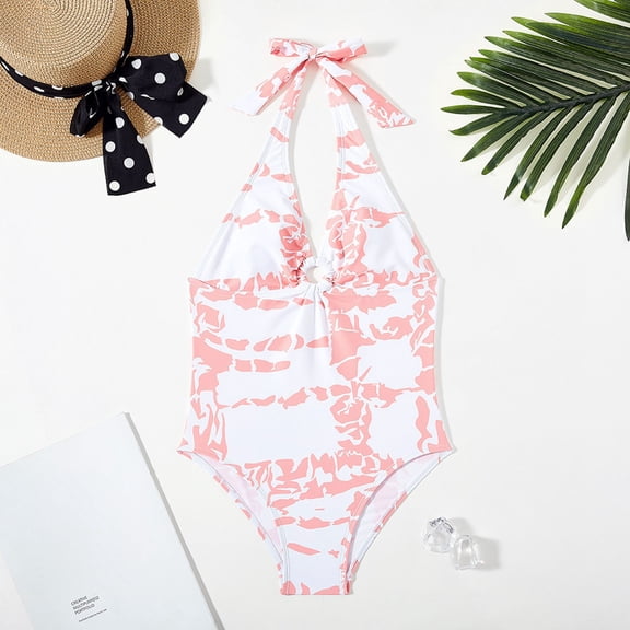 Conairie Girl Swimsuit One Piece Cute Graphics Print Bathing Suit with Sun Protection Ruffles Swimwear Red