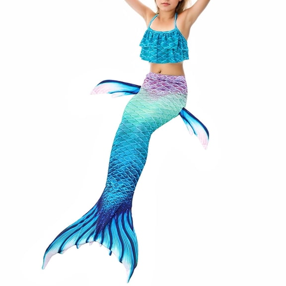 Conairie Girl Swimsuit Set 3 Piece Flounce Ruffle Bikini Top With Shorts Fish Tail Set Beach Swimwear Summer Sky Blue