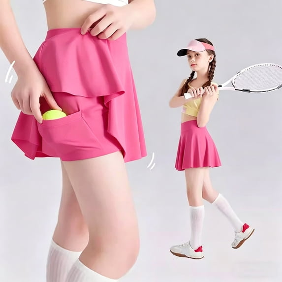 Conairie Girls Athletic Tennis Golf Skirts with Shorts Kids High Waist Ruffle A-line Skorts with Pockets Hot Pink 7-8 Y