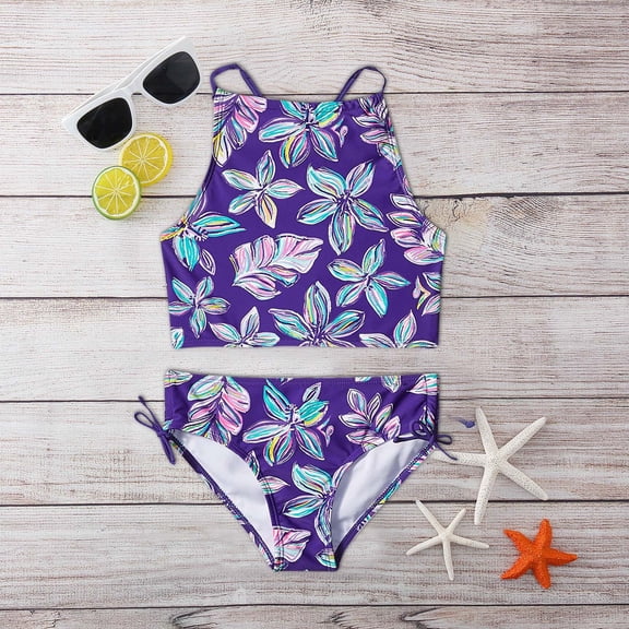 Conairie Girls Bikini Sets Two Piece Tankini Top And Bottom Swimsuit Outfit Comfortable Bathing Suit Beach Swimwear Summer Purple