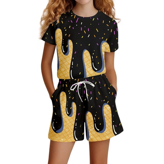 Conairie Girls Clothes Set Two Piece Regular Fit Short Sleeve T Shirt and Shorts Kids Cute Color Block Versatile Summer Soft Casual Outfit Set Black 4-5 Y