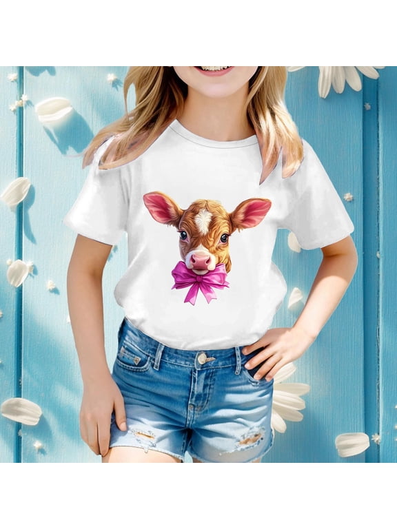 Girls Easter Shirts Cow Print Short Sleeve Crew Neck T Shirts Children's Holiday Comfy Soft Basic Tee Vacation Clothes White 3-4 Y