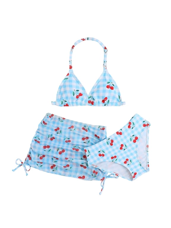 Girls Floral Print Two Piece Swimsuit Bikini Cherry Pattern with Padded Bra Big Kids Bathing Suit Blue 10-11 Y