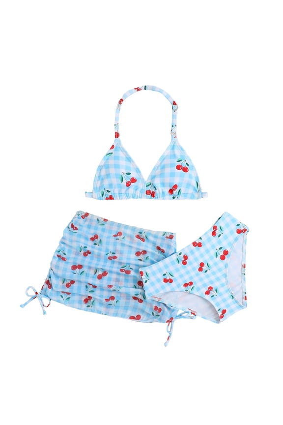 Girls Floral Print Two Piece Swimsuit Bikini Cherry Pattern with Padded Bra Big Kids Bathing Suit Blue 10-11 Y