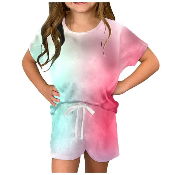 Conairie Girls Outfit Set 2 Piece Regular Fit Short Sleeve T Shirt and Shorts Kids Cute Color Block Breathable Summer Soft Loungewear Clothe Set Pink 9-10 Y