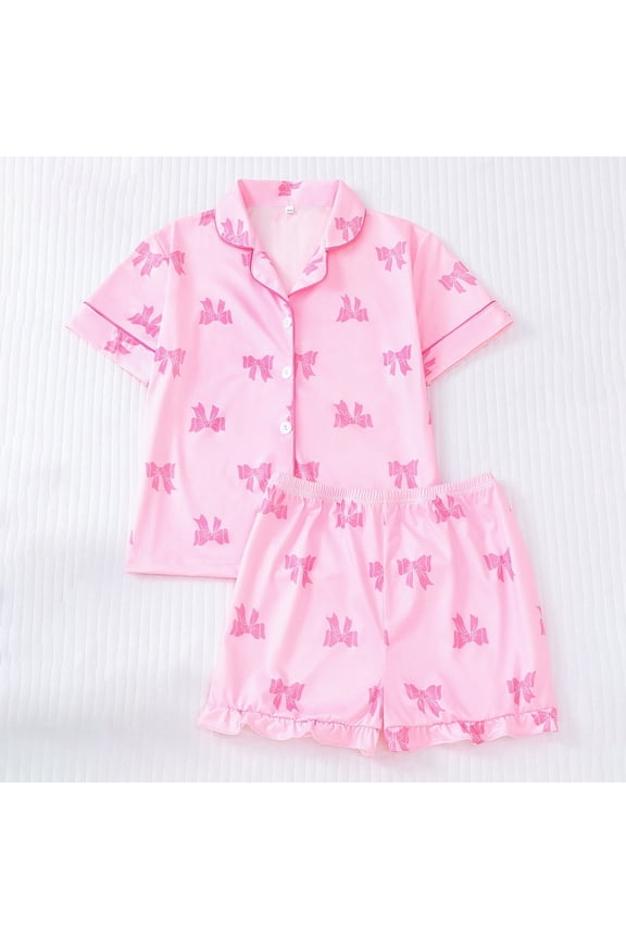 Girls Outfit Sets Bow Short Sleeve Button Collar Top and Shorts Pj Set Kids Nightwear Soft 2 Piece Outfits Loungewear Sets Red 8-9 Y