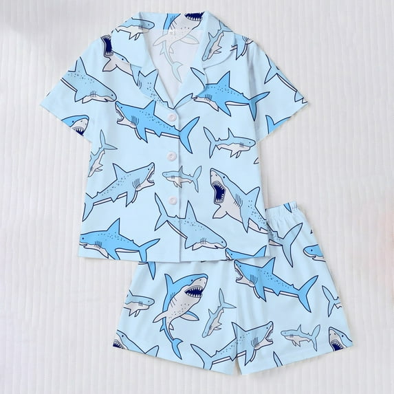 Conairie Girls Outfit Sets Graphic Print Short Sleeve Button Collar Top and Shorts Pj Set Kids Sleepwear Soft 2 Piece Outfits Nightwear Sets Sky Blue 4-5 Y