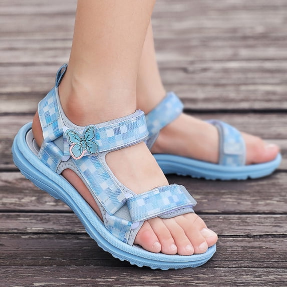 Conairie Girls Sandals Open Toe Adjustable Strap Hiking Sandals Kids Trendy Outdoor Athletic Sandals Blue 3-3.5 Y