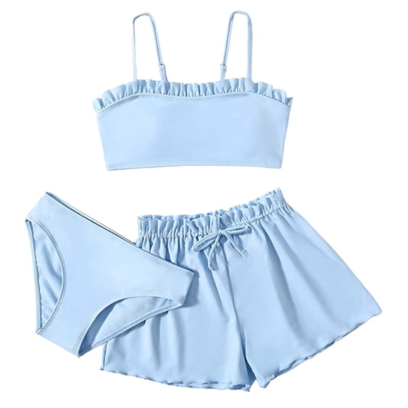 Conairie Girls Solid Color Two Piece Swimsuit Ruffle Hem Bikini Set Big Kids Bathing Suit Light Blue 10-12 Y