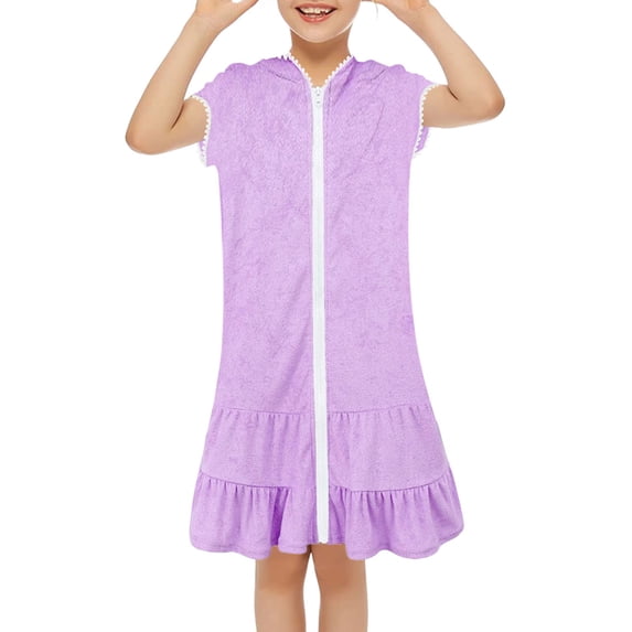 Conairie Girls Swim Cover Up Hoodie Short Sleeve Terry Cloth Beach Robe Towel Dress Purple 3-4 Y
