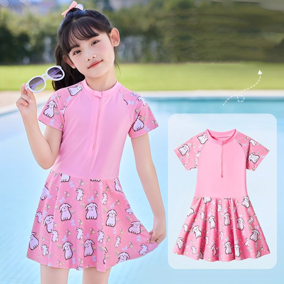 Conairie Girls Swimsuit One Piece Cute Scale Print Bathing Suit with Sun Protection Ruffles Swimwear Pink