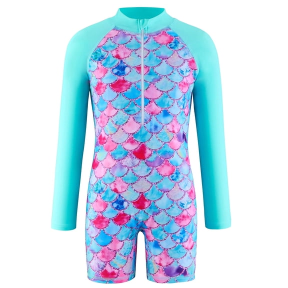 Conairie Girls Swimsuit One Piece Cute Scale Print Bathing Suit with Sun Protection Ruffles Swimwear Sky Blue