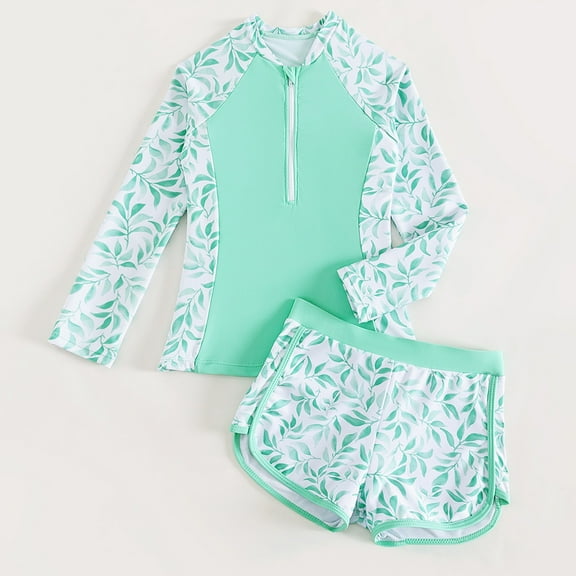 Conairie Girls Swimsuit Set Two Piece Long Sleeve Rash Guard Bathing Suit Breathable Summer Beach Swimwear Light Green