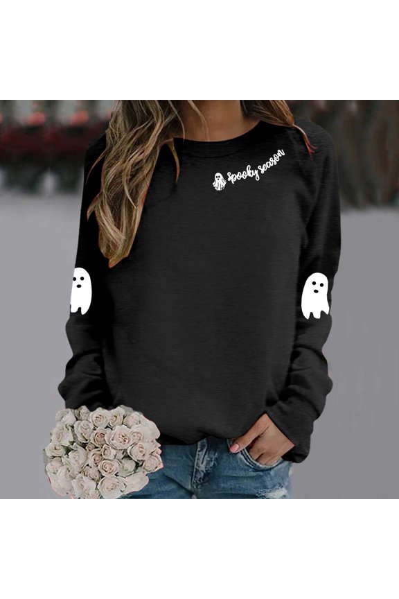 Halloween Sweatshirts For Women Crewneck Loose Spooky Season Oversized Sweater Ghost Pumpkin Print Long Sleeve Y2K Outfits Winter Pullover Tops Black L