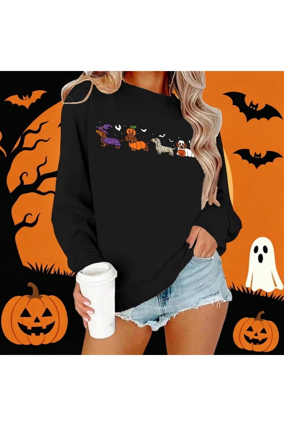 Halloween Sweatshirts For Womens Crewneck Spooky Season Ghost Pumpkin Print Cute Sweater Loose Long Sleeve Pullover Tops Winter Outfits Clothes Black L