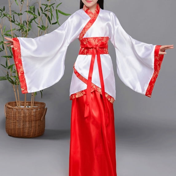 Conairie Hanfu Dress Suit for Boys Girls Chinese Traditional Wide Sleeves Tai Chi Uniform Kids Party Dress Performance Clothing Red 15-16 Y