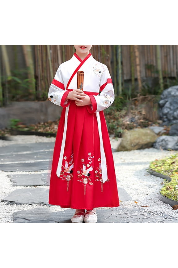 Hanfu Dresses for Boys and Girls Chinese Style Long Sleeve Tai Chi Uniform Performance for Kid Red 13-14 Y