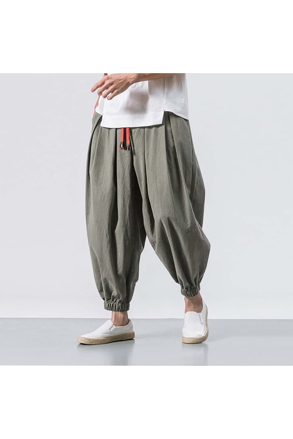 Harem Pants Men Casual Solid Color Drawstring Drop Crotch Cotton Linen Pants 2025 Fashion Loose Elastic Waist Lounge Pants Black M