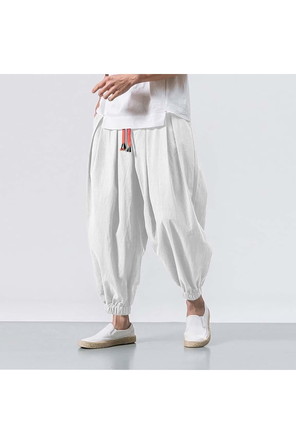 Harem Pants Men Casual Solid Color Drawstring Drop Crotch Cotton Linen Pants 2025 Fashion Loose Elastic Waist Lounge Pants White L