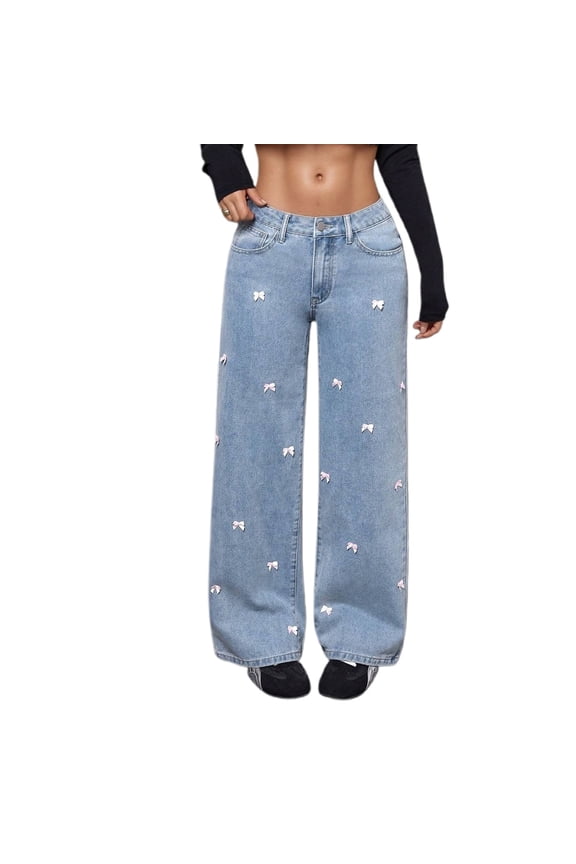 High Waisted Jeans for Women Washed Denim Wide Leg Pants with Bow Fashion Casual Streetwear Stretch Jeans Denim Pants with Pocket BU1 L
