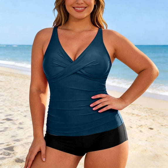 Conairie High Waisted Tankini Sets For Women Two Piece Swimsuit Plus Size Tummy Control Bathing Suit Tops And Short Solid Color Beach Breathable Swimwear Blue L