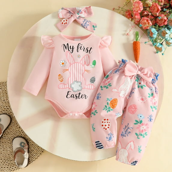 Conairie Infant Baby Girls 3PCS Easter Outfit Long Sleeve Bunny Print Romper and Bow Tie Pants with Hairband Set Newborn Clothes Pink 6 M-12 M