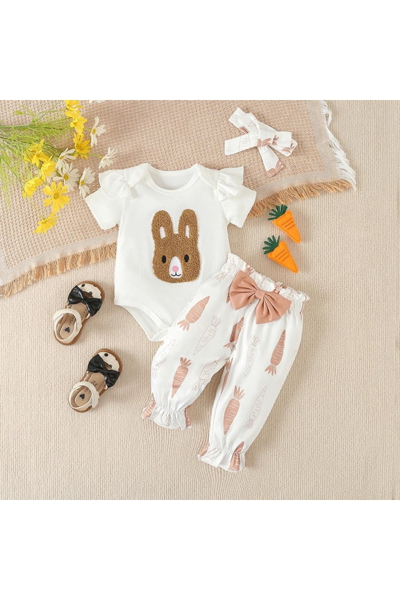 Infant Baby Girls 3PCS Easter Outfit Short Sleeve Bunny Embroidery Romper and Pants with Hairband Set Newborn Clothes Coffee 6 M-12 M