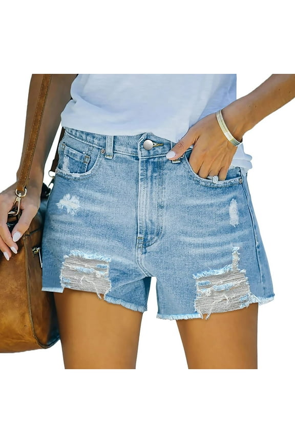 Jean Shorts Women Slim Ripped Raw Hem Elastic High Waisted Denim Shorts Cut Off 2026 Casual Summer Jorts with Pockets Sky Blue M