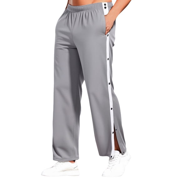 Conairie Joggers for Women Solid Color Mid Waisted Tear Basketball Pant Button Up Loose Open Leg Long Pants Track Pants for Travel Training Running Grey L