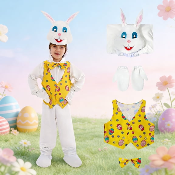 Conairie Kids Easter Outfits Bunny 4 Piece Set Boys Girls White Jumpsuit with Easter Outfits Egg Print Vest Bow Tie Gloves Fairy Tale Party Dress up Clothes Yellow S