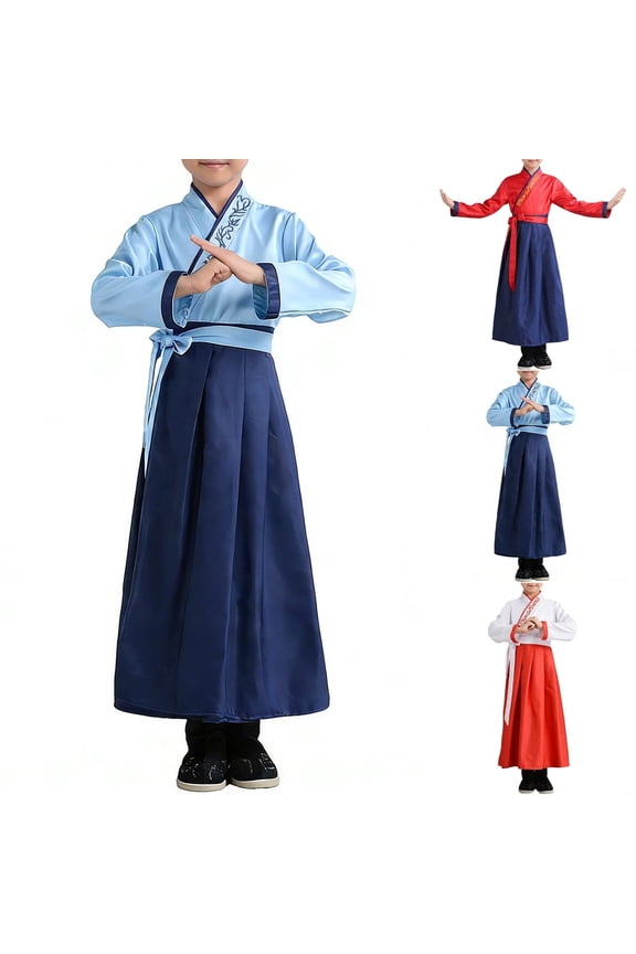 Kids Tai Chi Uniform Traditional Chinese Style Wide Sleeves Boys Girls Hanfu Dresses Outfit Performance Blue 2-3 Y