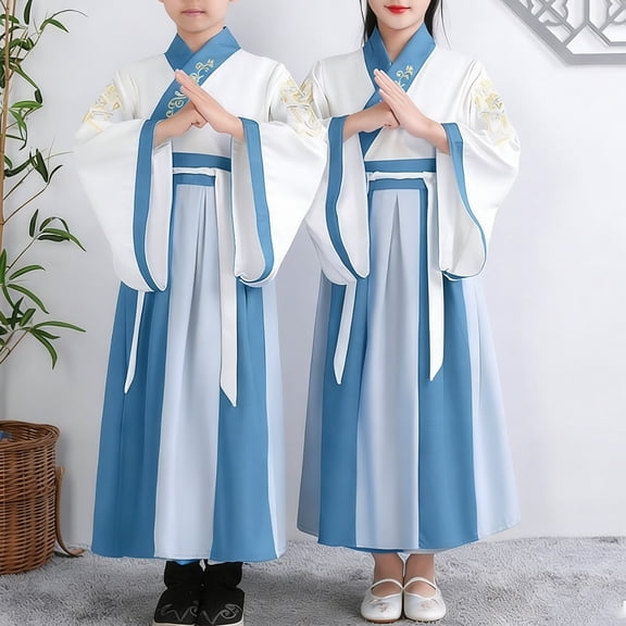 Conairie Kids Tai Chi Uniform Traditional Chinese Style Wide Sleeves Boys Girls Hanfu Dresses Performance Sky Blue 2-3 Y